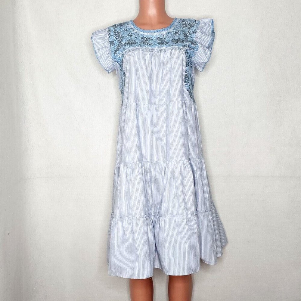 Emilia Collection Isa Dress *S/M Blue Striped Tiered with Blue Gray & Embroidery